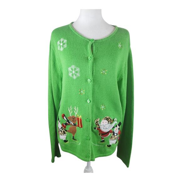Classic Elements Christmas Cardigan Sweater Green Santa Frosty Reindeer Medium - Picture 1 of 6